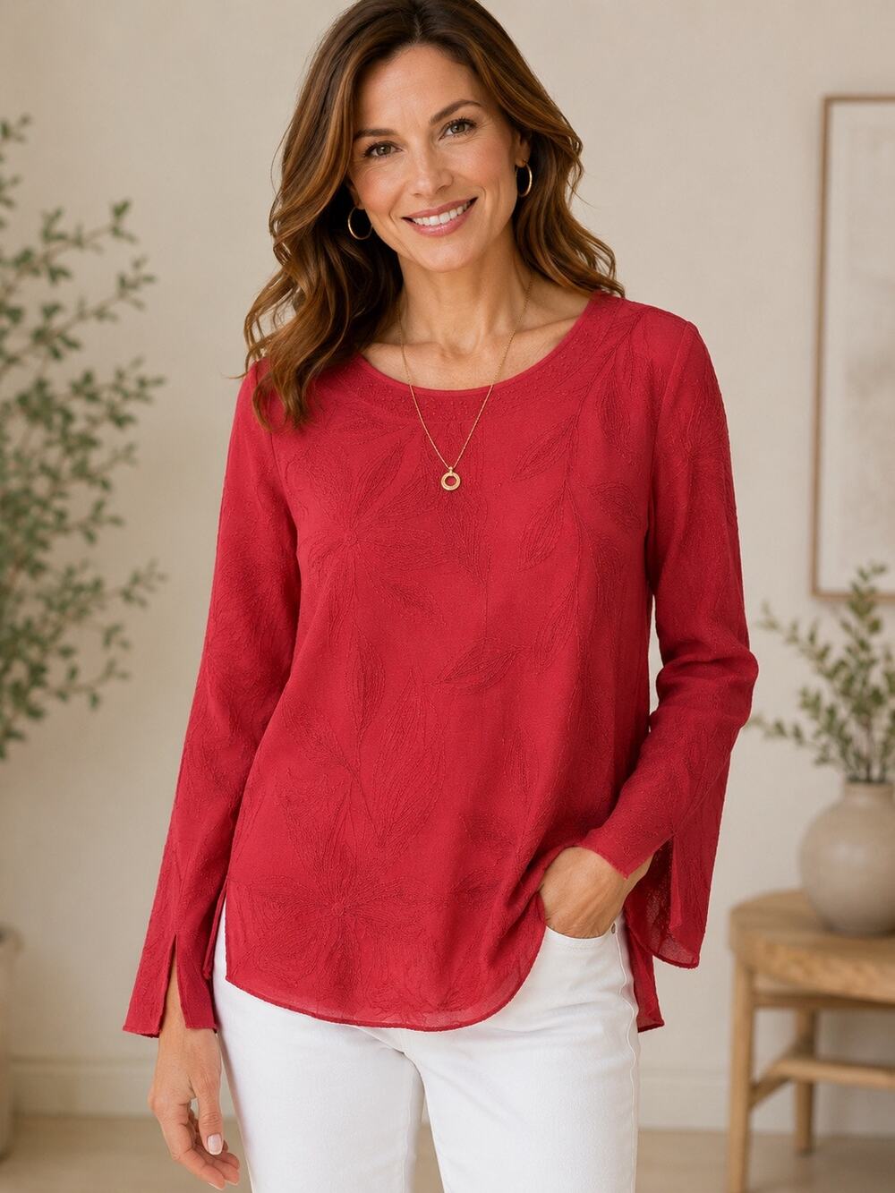 Chico’s Embroidered Tunic Top Womens Size 2 Large Coral Floral Rayon Cotton